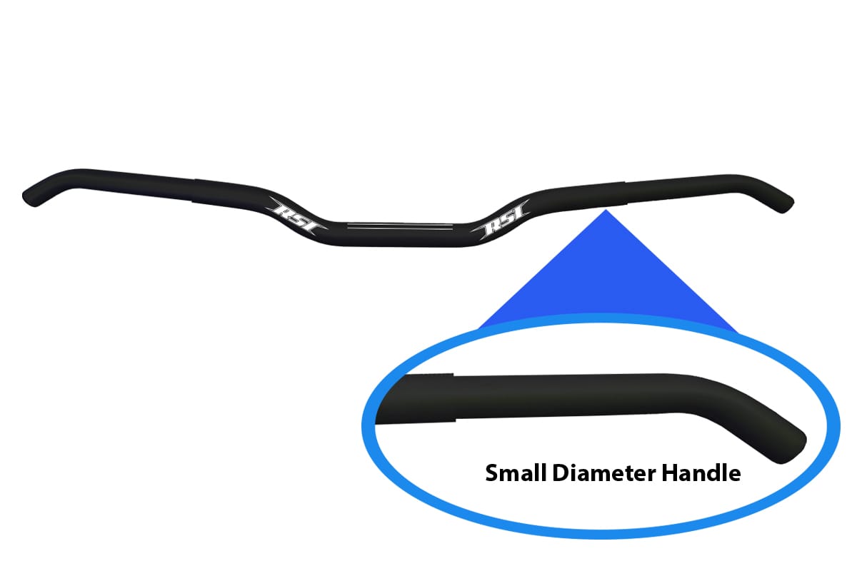 NARROW SLIM JIM ALUMINUM 7/8" CLAMP AREA- 13 DEGREE SWEEP-3/4" DIAMETER GRIP AREA -1" RISE & HOOKED ENDS - 29'' WIDE(USES ALL STOCK DIAMETER CONTROLS) ANODIZED BLACK