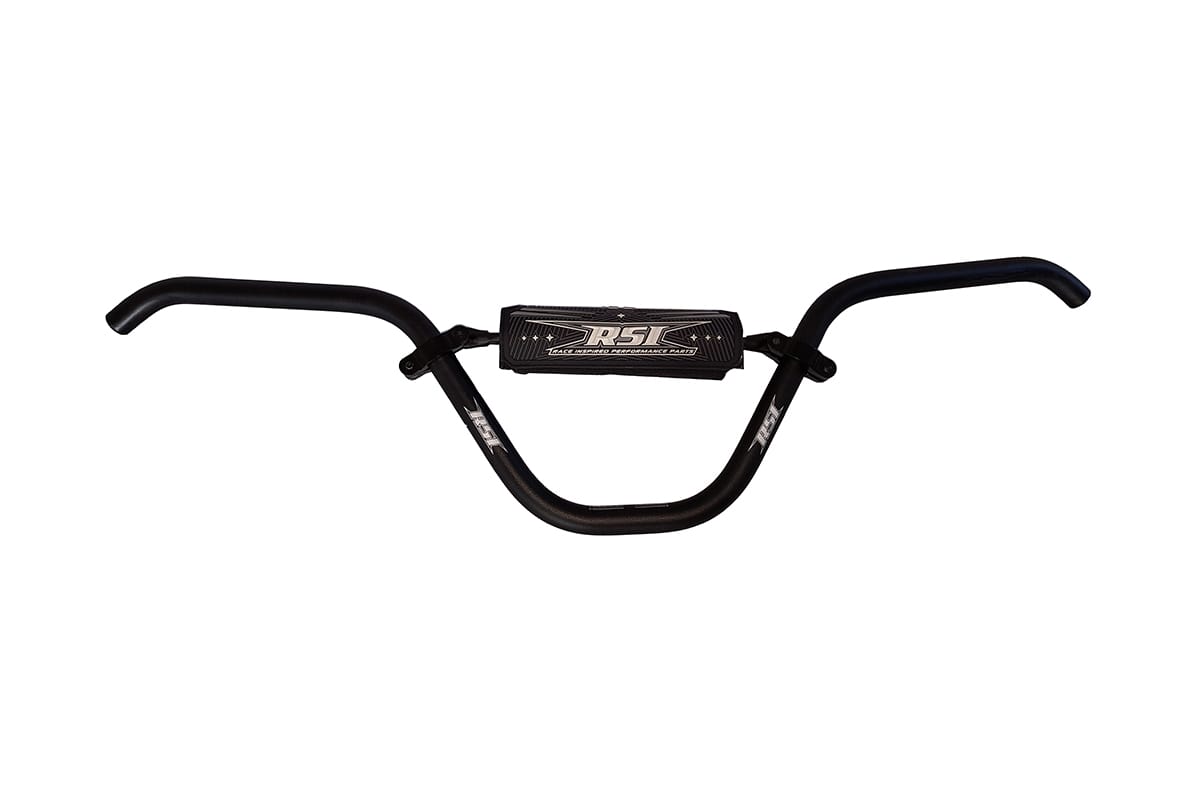 BOONDOGGLER 7/8 CLAMP AREA - 7/8" HOOKED HANDLEBAR -13 DEGREE SWEEP- 7" RISE WITH CROSSBAR - 30.5" WIDE - BLACK ANODIZED