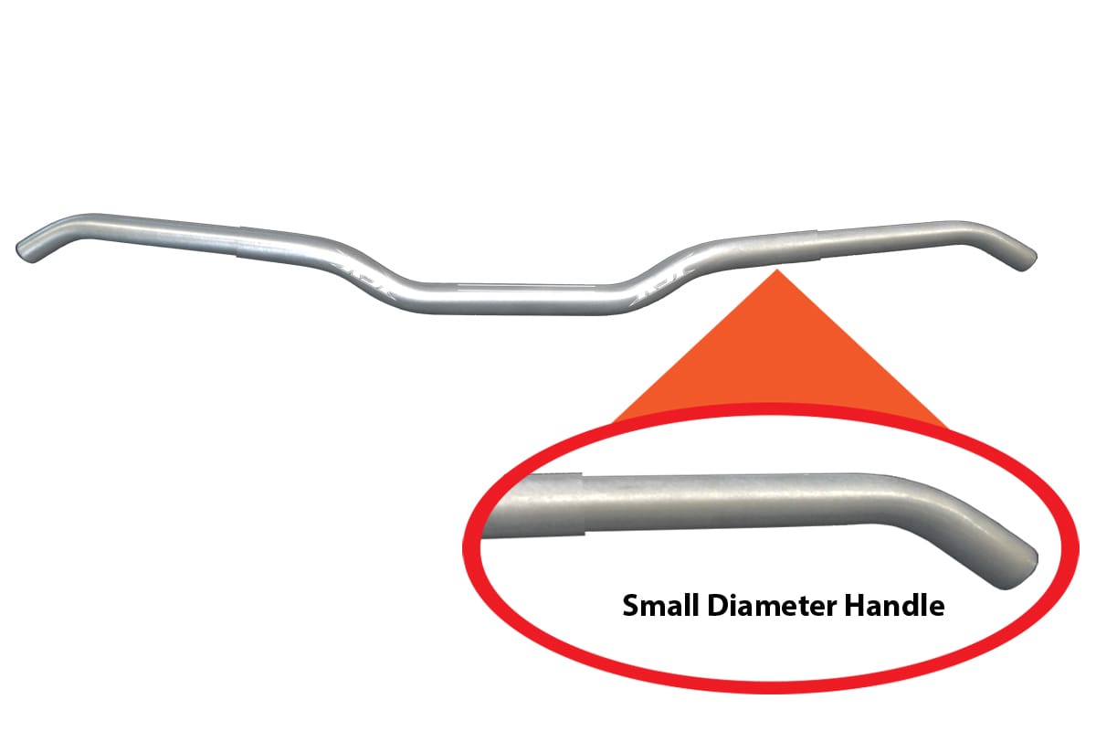 SLIM JIM ALUMINUM 7/8" CLAMP AREA- 13 DEGREE SWEEP-3/4" DIAMETER GRIP AREA -1" RISE & HOOKED ENDS - 30'' WIDE(USES ALL STOCK DIAMETER CONTROLS)  NATURAL SILVER ANODIZE